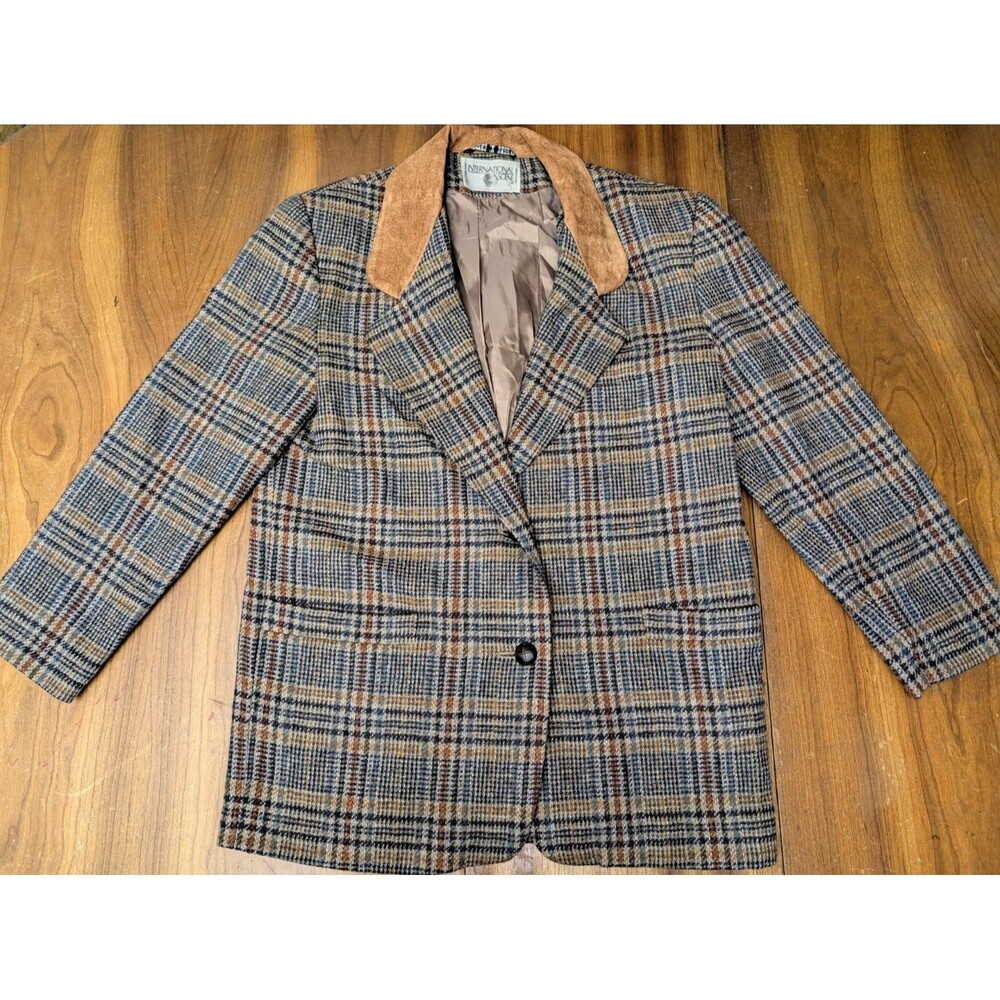 VTG International Scene Wool Blazer Womens Size 7/8 Multicolor Plaid & Suede